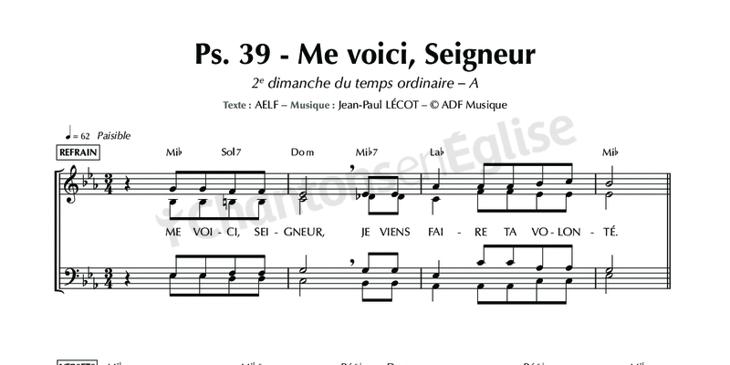 Chantons En Eglise Psaume 39 Me Voici Seigneur Je Viens Faire Ta Volonte 2e Dimanche Du Temps Ordinaire Annee A Aelf Jean Paul Lecot Praetorius Adf Musique